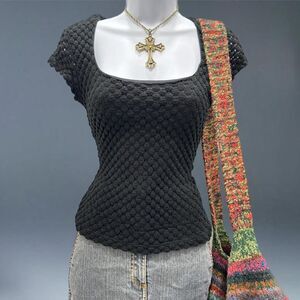Vintage Eyeshadow Popcorn Knit Top Black Textured Cap Sleeve Y2K 00s XS